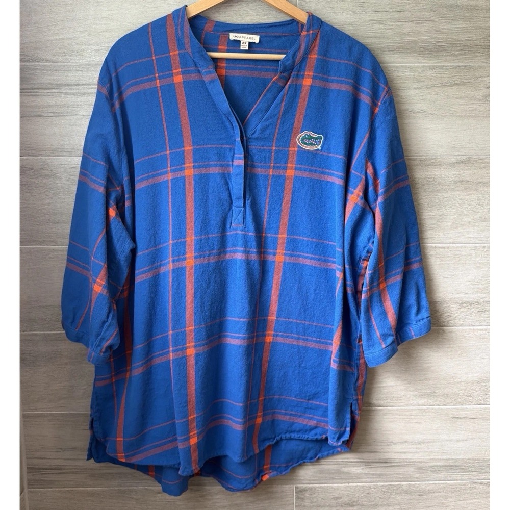 UF Florida Gators Blue Orange Plaid Popover V-Neck Top 2X Cotton 3/4 Sleeves